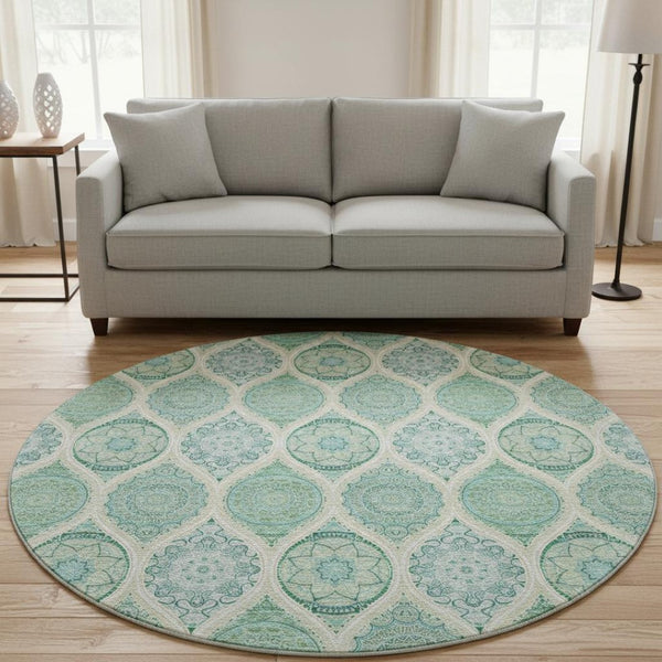 HomeRoots 8' Sage, Ivory & Teal Ogee Round Rug – Washable, UV-Protected, Stain-Resistant for Family Spaces 677121