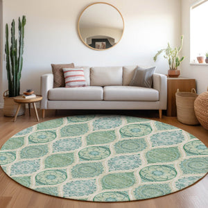HomeRoots 8' Sage, Ivory & Teal Ogee Round Rug – Washable, UV-Protected, Stain-Resistant for Family Spaces 677121