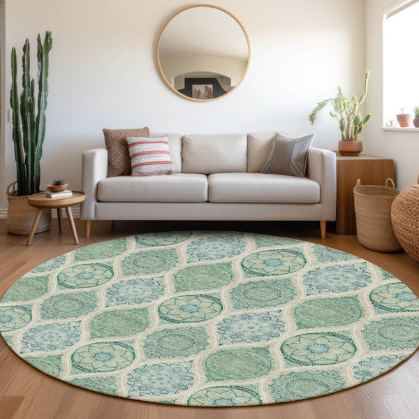 HomeRoots 8' Sage, Ivory & Teal Ogee Round Rug – Washable, UV-Protected, Stain-Resistant for Family Spaces 677121