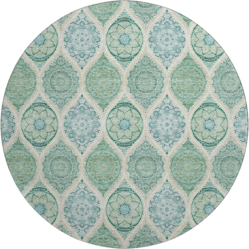HomeRoots 8' Sage, Ivory & Teal Ogee Round Rug – Washable, UV-Protected, Stain-Resistant for Family Spaces 677121