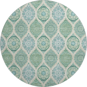 HomeRoots 8' Sage, Ivory & Teal Ogee Round Rug – Washable, UV-Protected, Stain-Resistant for Family Spaces 677121