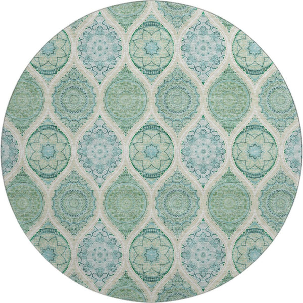 HomeRoots 8' Sage, Ivory & Teal Ogee Round Rug – Washable, UV-Protected, Stain-Resistant for Family Spaces 677121