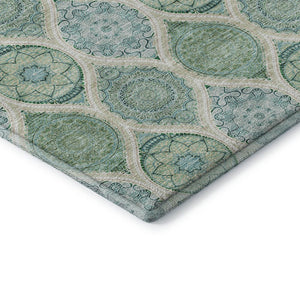 HomeRoots 8' Sage, Ivory & Teal Ogee Round Rug – Washable, UV-Protected, Stain-Resistant for Family Spaces 677121
