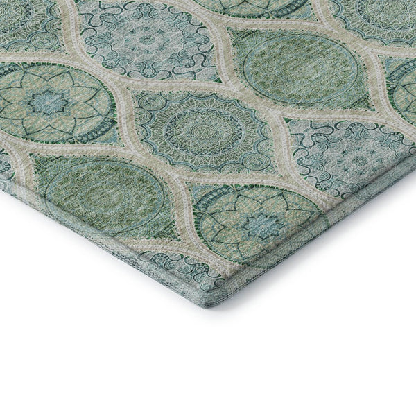 HomeRoots 8' Sage, Ivory & Teal Ogee Round Rug – Washable, UV-Protected, Stain-Resistant for Family Spaces 677121