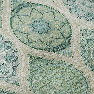 HomeRoots 8' Sage, Ivory & Teal Ogee Round Rug – Washable, UV-Protected, Stain-Resistant for Family Spaces 677121