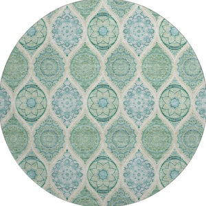 HomeRoots 8' Sage, Ivory & Teal Ogee Round Rug – Washable, UV-Protected, Stain-Resistant for Family Spaces 677121