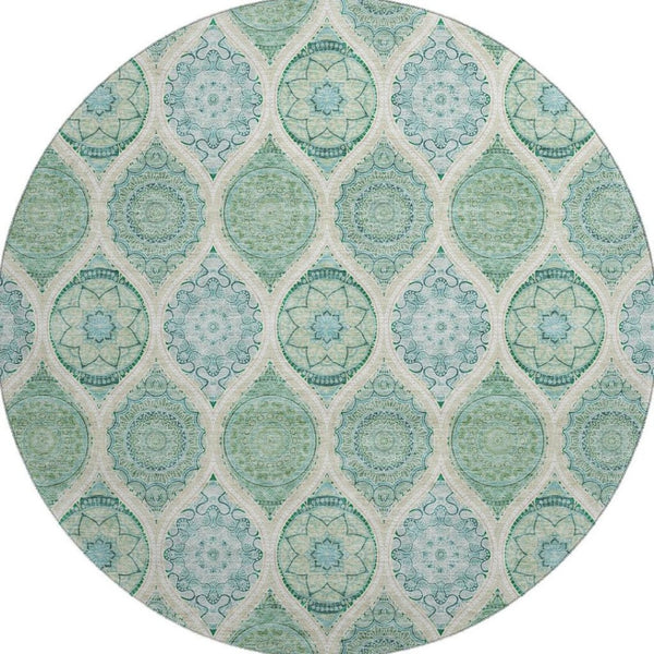 HomeRoots 8' Sage, Ivory & Teal Ogee Round Rug – Washable, UV-Protected, Stain-Resistant for Family Spaces 677121