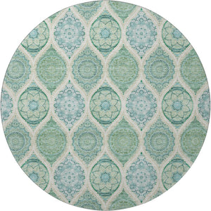 HomeRoots 8' Sage, Ivory & Teal Ogee Round Rug – Washable, UV-Protected, Stain-Resistant for Family Spaces 677121
