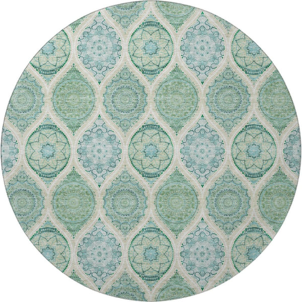 HomeRoots 8' Sage, Ivory & Teal Ogee Round Rug – Washable, UV-Protected, Stain-Resistant for Family Spaces 677121