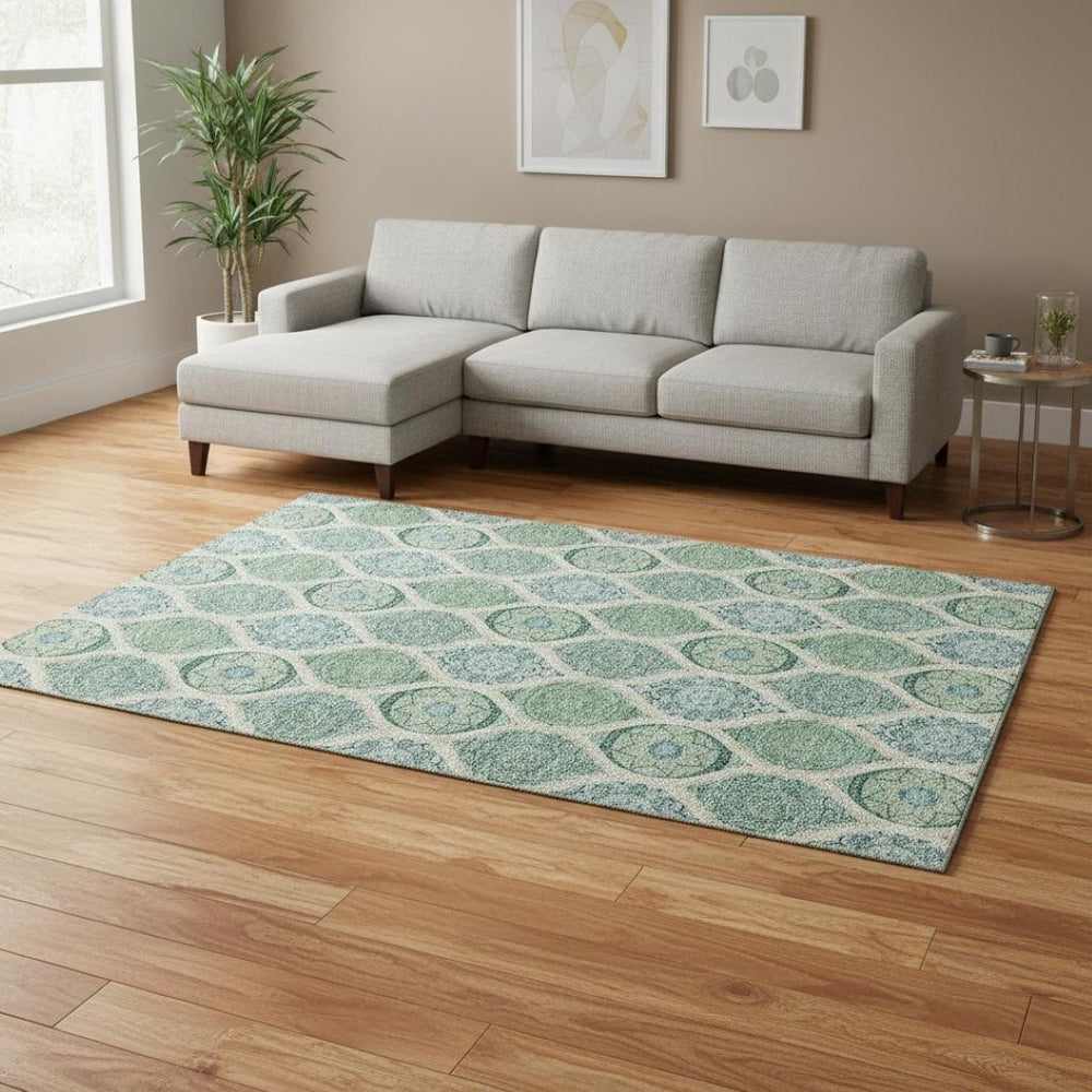 HomeRoots 8' X 10' Sage Ivory Teal Ogee Area Rug - Washable, UV Protected, Stain Resistant, Perfect for Families! 677122