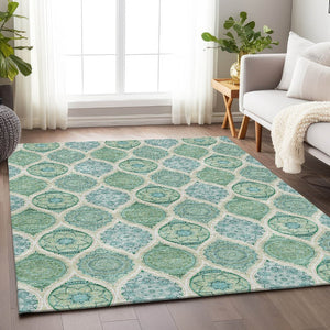 HomeRoots 8' X 10' Sage Ivory Teal Ogee Area Rug - Washable, UV Protected, Stain Resistant, Perfect for Families! 677122