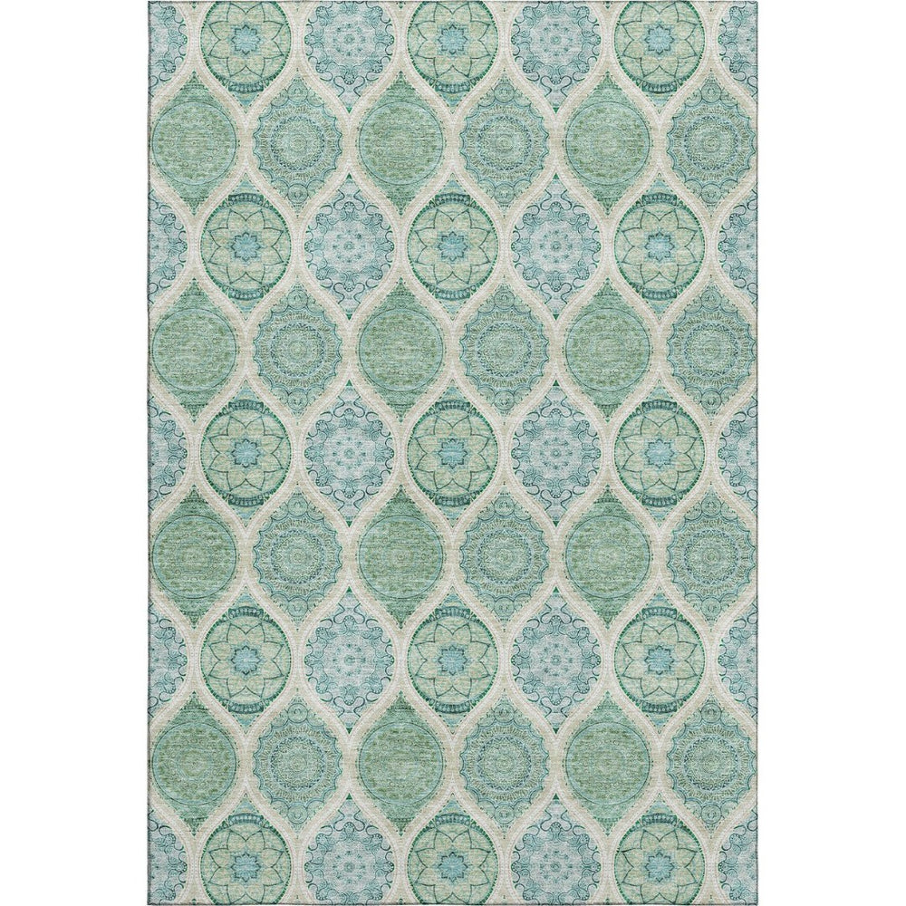 HomeRoots 8' X 10' Sage Ivory Teal Ogee Area Rug - Washable, UV Protected, Stain Resistant, Perfect for Families! 677122