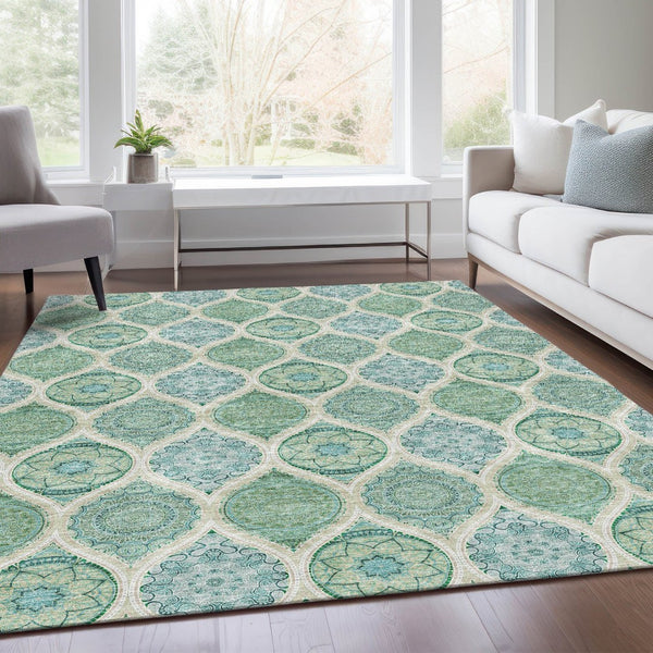 HomeRoots 8' X 10' Sage Ivory Teal Ogee Area Rug - Washable, UV Protected, Stain Resistant, Perfect for Families! 677122