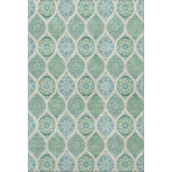 HomeRoots 8' X 10' Sage Ivory Teal Ogee Area Rug - Washable, UV Protected, Stain Resistant, Perfect for Families! 677122