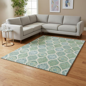 HomeRoots 9' X 12' Sage Ivory Teal Ogee Area Rug - Washable, UV-Protected, Stylish & Durable for Busy Homes 677123