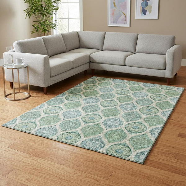 HomeRoots 9' X 12' Sage Ivory Teal Ogee Area Rug - Washable, UV-Protected, Stylish & Durable for Busy Homes 677123