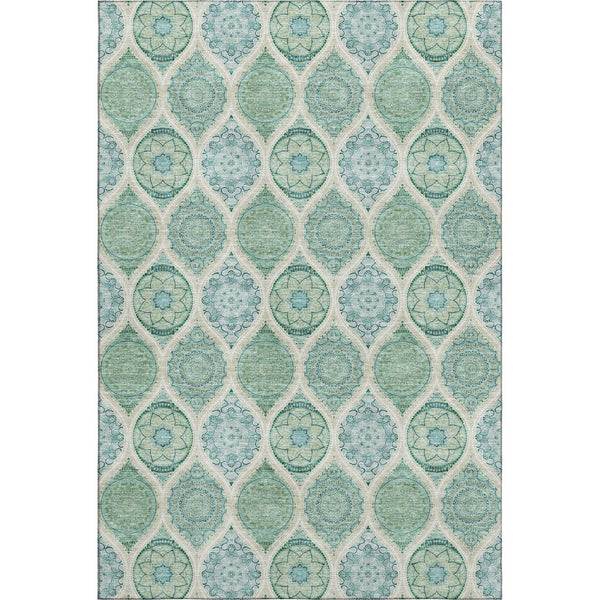 HomeRoots 9' X 12' Sage Ivory Teal Ogee Area Rug - Washable, UV-Protected, Stylish & Durable for Busy Homes 677123