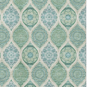HomeRoots 9' X 12' Sage Ivory Teal Ogee Area Rug - Washable, UV-Protected, Stylish & Durable for Busy Homes 677123