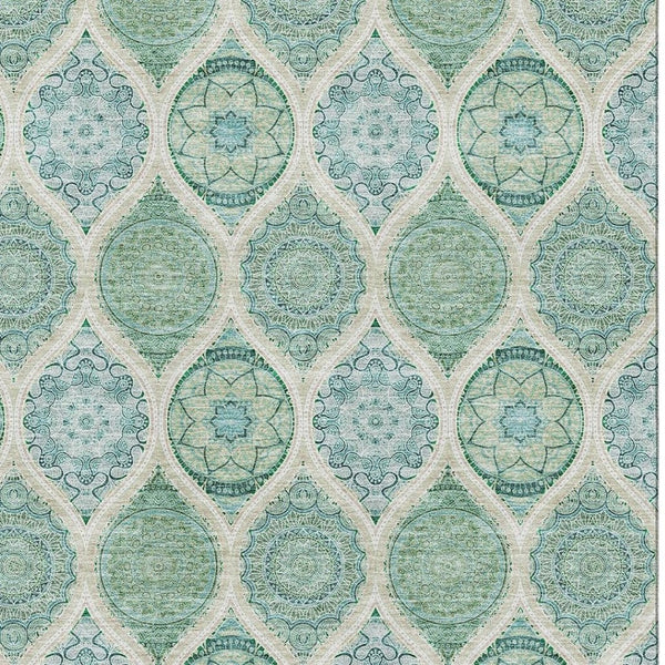 HomeRoots 9' X 12' Sage Ivory Teal Ogee Area Rug - Washable, UV-Protected, Stylish & Durable for Busy Homes 677123