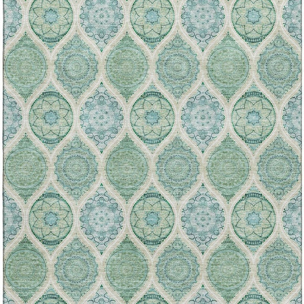 HomeRoots 9' X 12' Sage Ivory Teal Ogee Area Rug - Washable, UV-Protected, Stylish & Durable for Busy Homes 677123