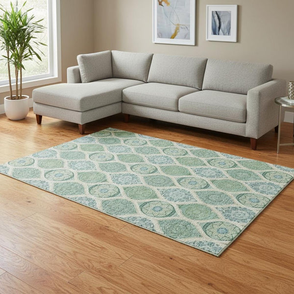 HomeRoots 10' Ogee Area Rug in Sage, Ivory, and Teal - Washable, UV Protected, Perfect for High-Traffic Spaces 677124