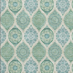 HomeRoots 10' Ogee Area Rug in Sage, Ivory, and Teal - Washable, UV Protected, Perfect for High-Traffic Spaces 677124