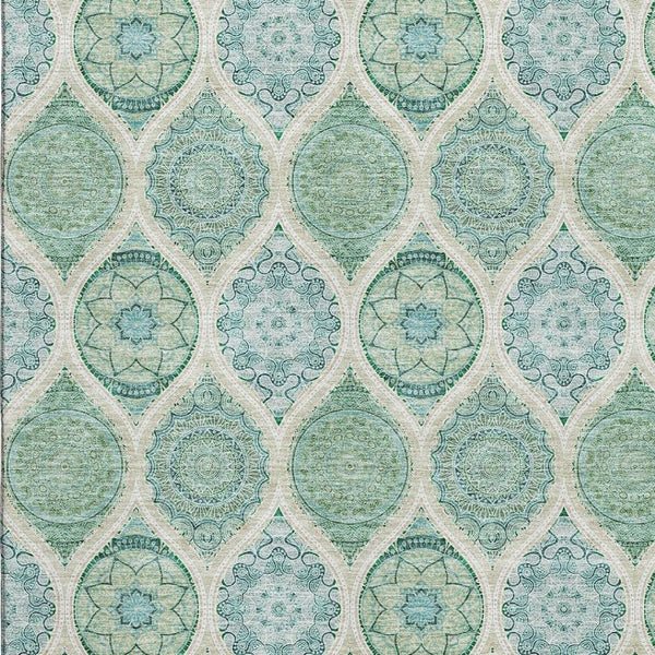 HomeRoots 10' Ogee Area Rug in Sage, Ivory, and Teal - Washable, UV Protected, Perfect for High-Traffic Spaces 677124