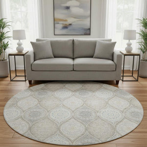 HomeRoots 8' Taupe Beige Ivory Ogee Washable Round Rug - Durable, UV Protected, Perfect for Families & Pets 677127
