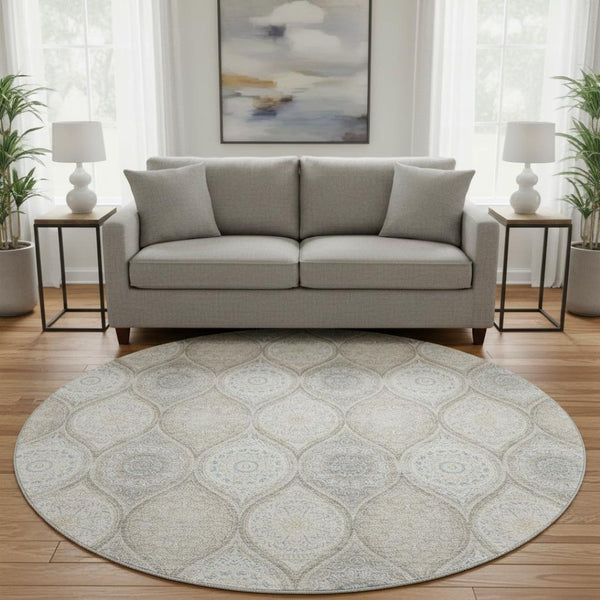 HomeRoots 8' Taupe Beige Ivory Ogee Washable Round Rug - Durable, UV Protected, Perfect for Families & Pets 677127