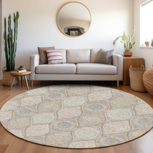 HomeRoots 8' Taupe Beige Ivory Ogee Washable Round Rug - Durable, UV Protected, Perfect for Families & Pets 677127