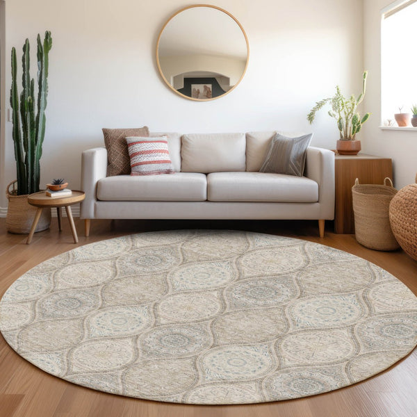 HomeRoots 8' Taupe Beige Ivory Ogee Washable Round Rug - Durable, UV Protected, Perfect for Families & Pets 677127