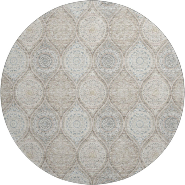 HomeRoots 8' Taupe Beige Ivory Ogee Washable Round Rug - Durable, UV Protected, Perfect for Families & Pets 677127