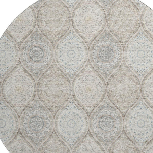 HomeRoots 8' Taupe Beige Ivory Ogee Washable Round Rug - Durable, UV Protected, Perfect for Families & Pets 677127