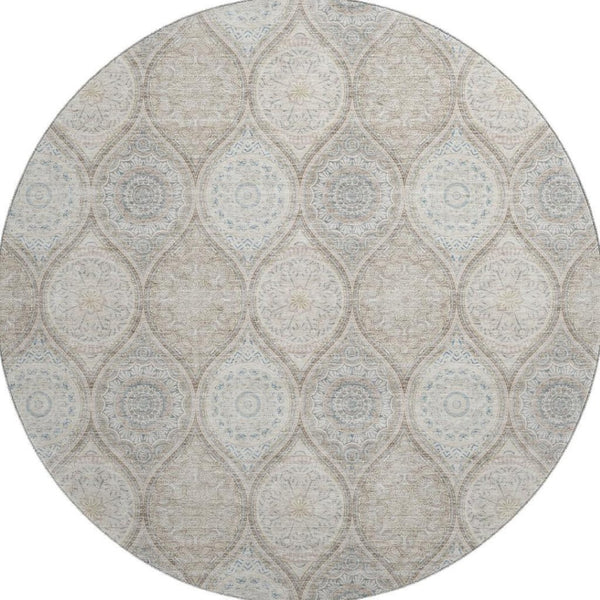 HomeRoots 8' Taupe Beige Ivory Ogee Washable Round Rug - Durable, UV Protected, Perfect for Families & Pets 677127