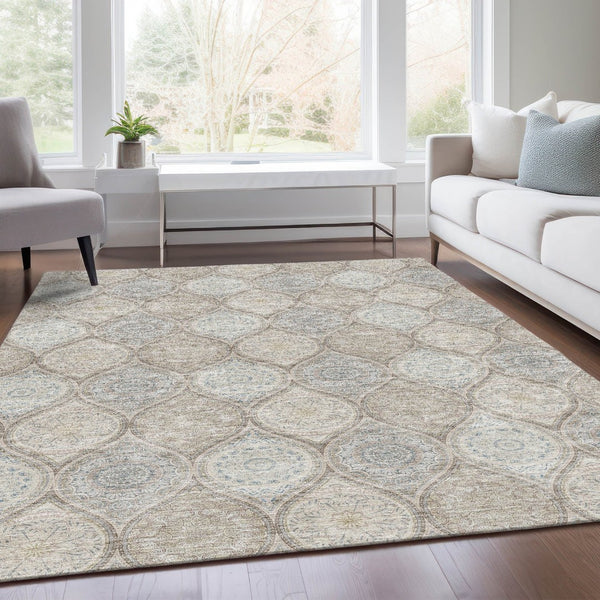HomeRoots 8' X 10' Stylish Taupe Beige & Ivory Ogee Area Rug - Washable, Durable, UV Protected for High Traffic Spaces 677128