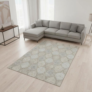 HomeRoots 9' X 12' Taupe Beige & Ivory Ogee Washable Area Rug with Stain Resistance & UV Protection Features 677129