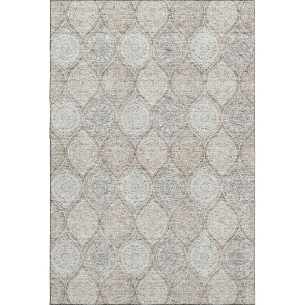 HomeRoots 9' X 12' Taupe Beige & Ivory Ogee Washable Area Rug with Stain Resistance & UV Protection Features 677129