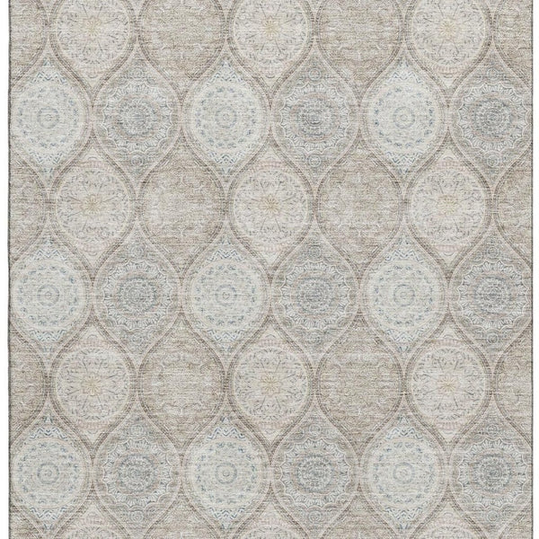 HomeRoots 9' X 12' Taupe Beige & Ivory Ogee Washable Area Rug with Stain Resistance & UV Protection Features 677129