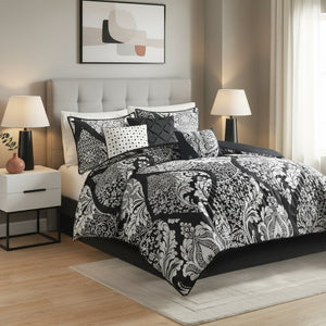 HomeRoots Set of Seven Elegant Black and White Damask King Bedding - Stylish Comforter and Shams Set 677134