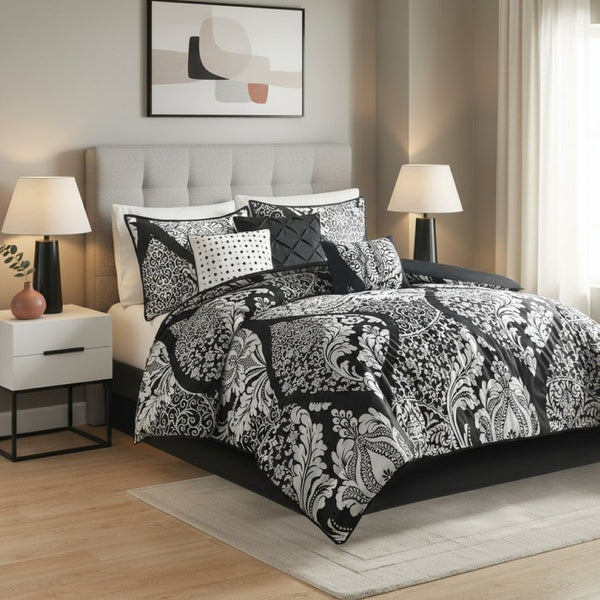 HomeRoots Set of Seven Elegant Black and White Damask King Bedding - Stylish Comforter and Shams Set 677134