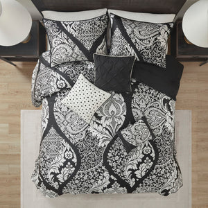 HomeRoots Set of Seven Elegant Black and White Damask King Bedding - Stylish Comforter and Shams Set 677134