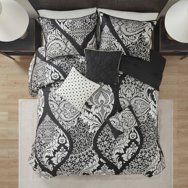 HomeRoots Set of Seven Elegant Black and White Damask King Bedding - Stylish Comforter and Shams Set 677134