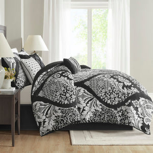 HomeRoots Set of Seven Elegant Black and White Damask King Bedding - Stylish Comforter and Shams Set 677134
