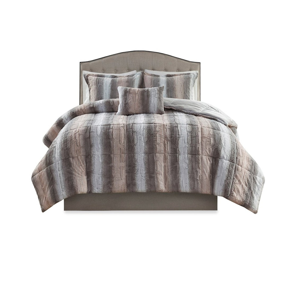 HomeRoots Set of Four Gray and Pink Striped King Bedding Set - Elegant Comforter with Shams for Modern Style 677135