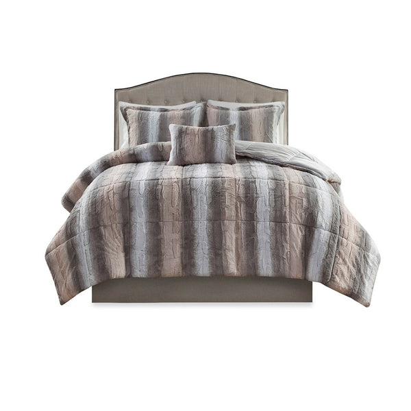HomeRoots Set of Four Gray and Pink Striped King Bedding Set - Elegant Comforter with Shams for Modern Style 677135