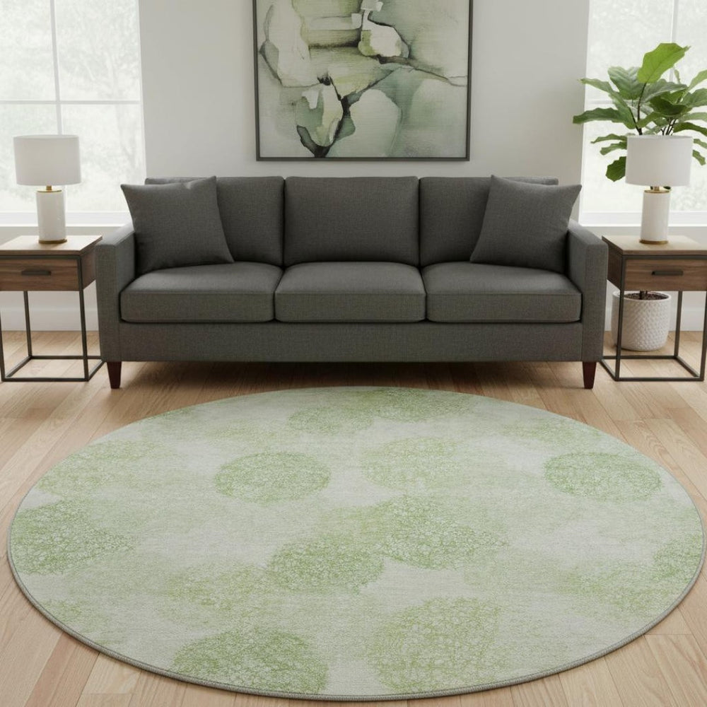 HomeRoots 8' Artichoke Green & Ivory Abstract Round Rug – Washable, UV-Protected, Kid & Pet-Friendly Design 677138