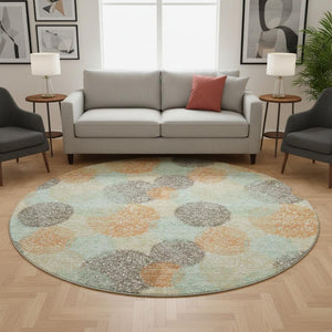 HomeRoots 8' Beige Orange and Ivory Abstract Washable Round Rug - Durable, UV Protected, Stylish & Easy Care! 677144