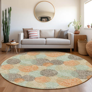 HomeRoots 8' Beige Orange and Ivory Abstract Washable Round Rug - Durable, UV Protected, Stylish & Easy Care! 677144