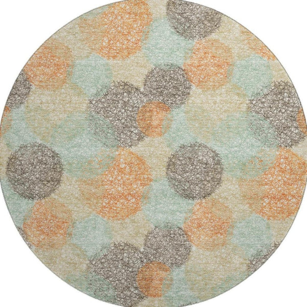 HomeRoots 8' Beige Orange and Ivory Abstract Washable Round Rug - Durable, UV Protected, Stylish & Easy Care! 677144