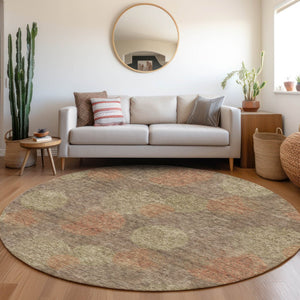 HomeRoots 8' Brown Abstract Washable Round Rug in Artichoke Green & Taupe with UV Protection for Modern Homes 677150